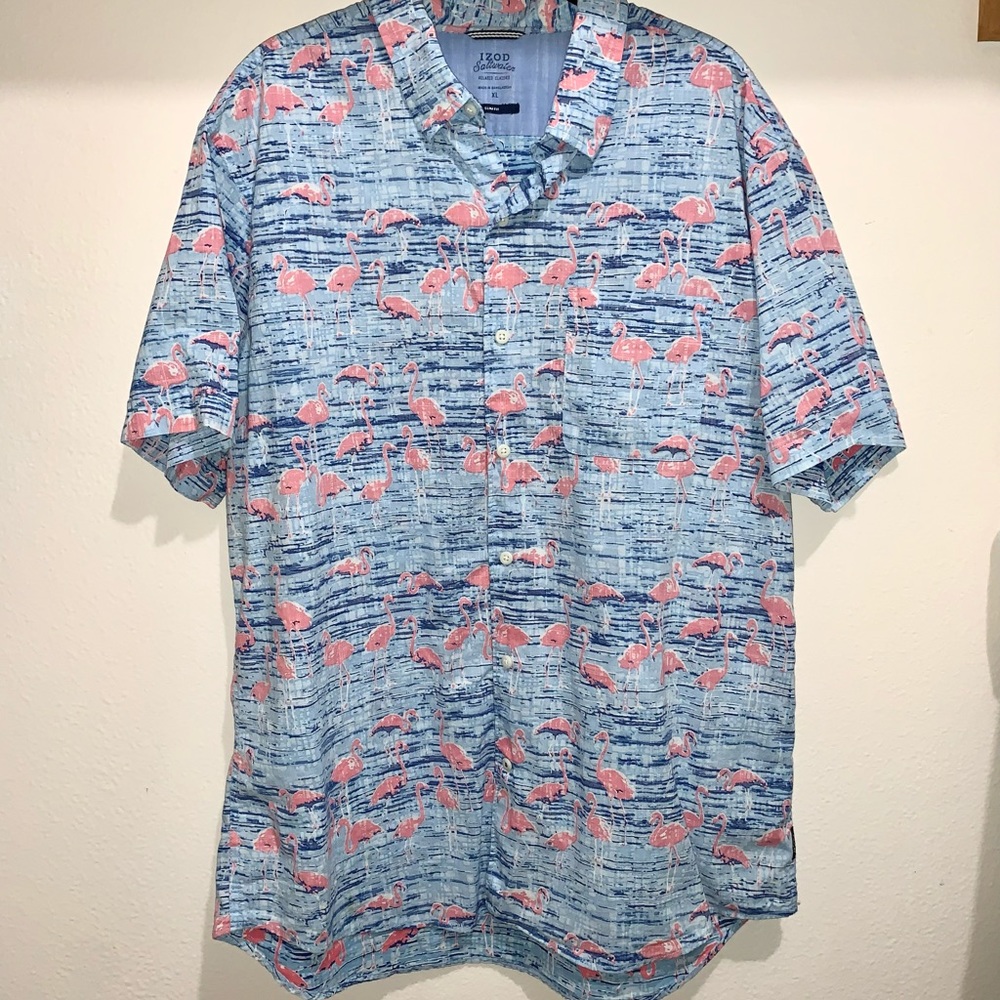 IZOD Saltwater Mens Shirt XLarge Button Up Blue Flamingo Short Sleeve Casual Men